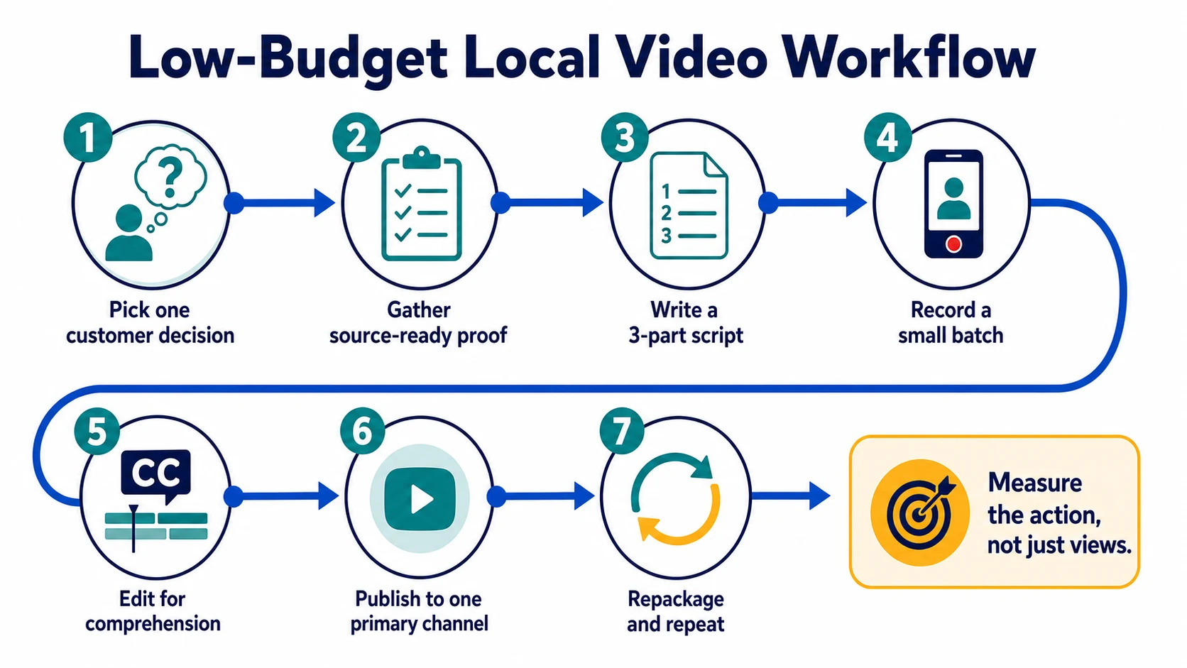 Low-budget local business video marketing workflow using one customer decision, source-ready proof, a short script, one channel, and one metric.