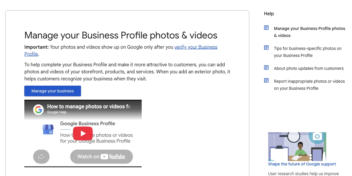 Google Business Profile Help screenshot showing official photo and video guidance for local business video marketing.