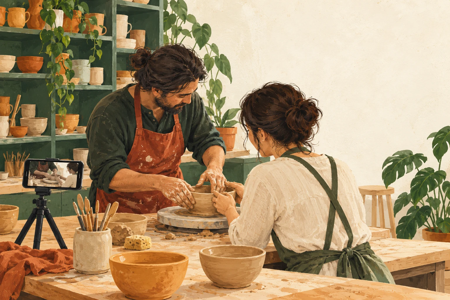 A phone records two adults making pottery at a community workshop