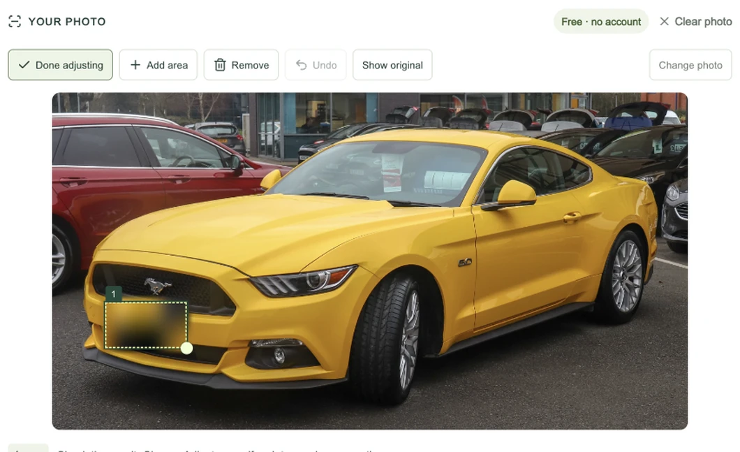 The photo editor with an adjustable area around a car license plate