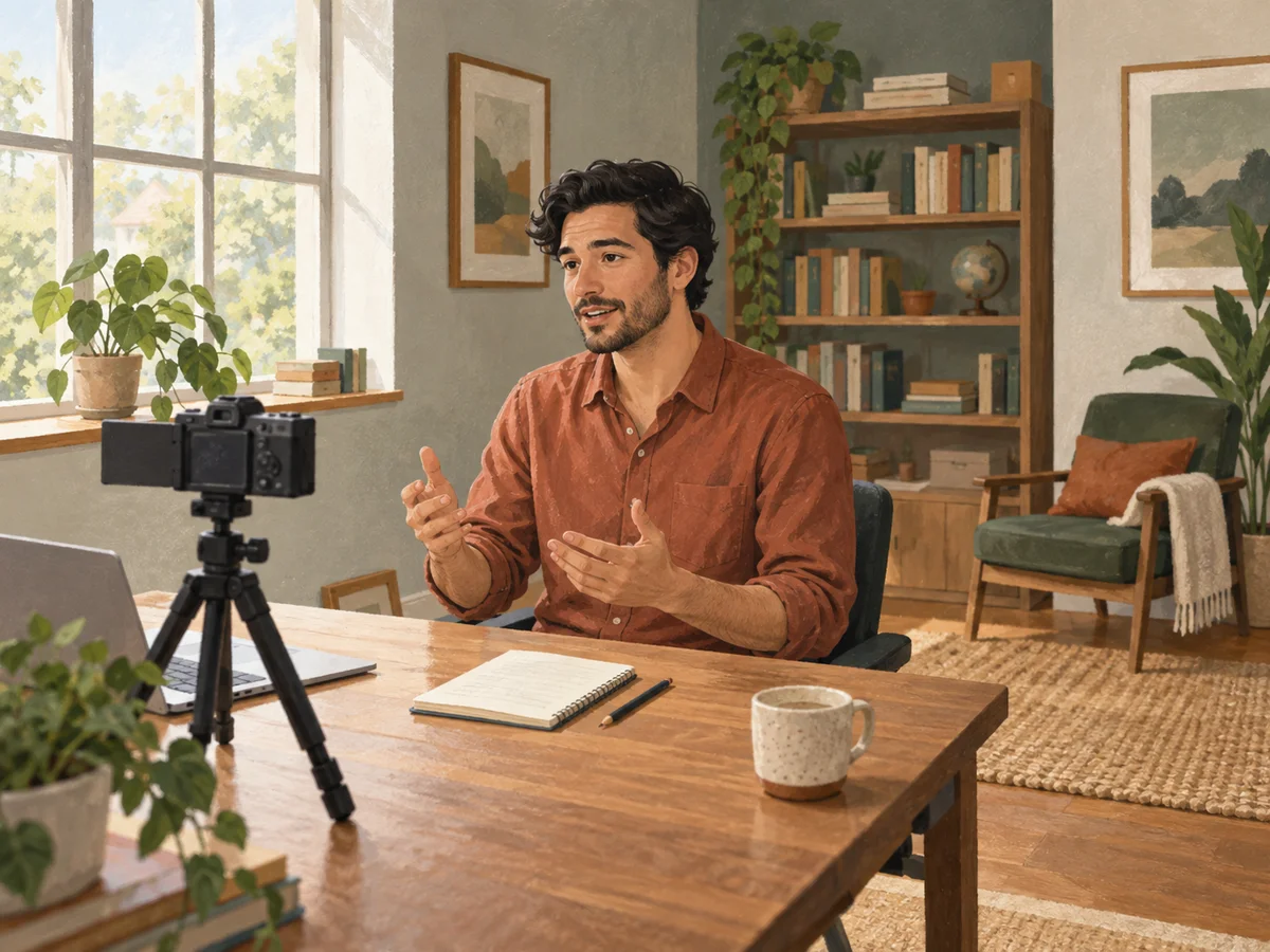 Illustration of an educator recording at a desk, with a camera in front and a bookshelf behind him
