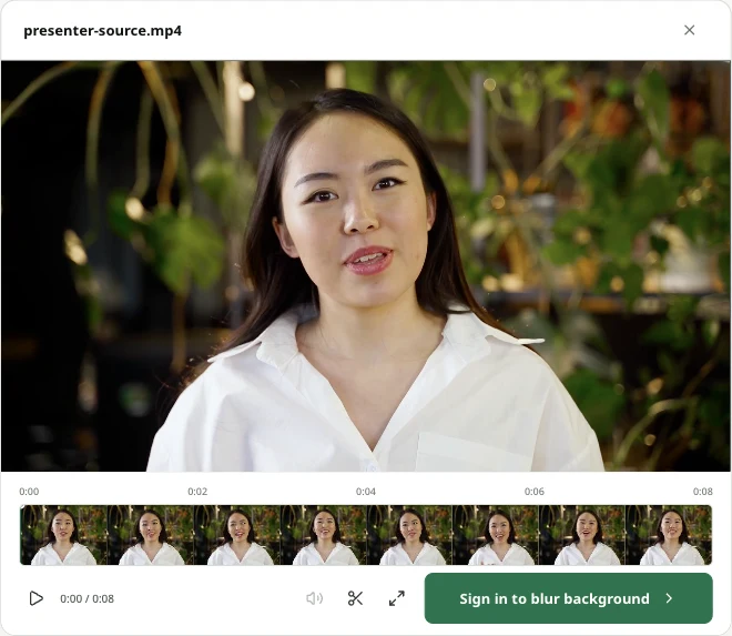 VideoBGRemover showing a selected clip, its trim timeline and the sign-in action