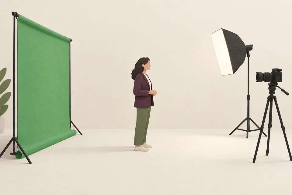 Illustration of a presenter standing away from a green backdrop with a separate light and camera