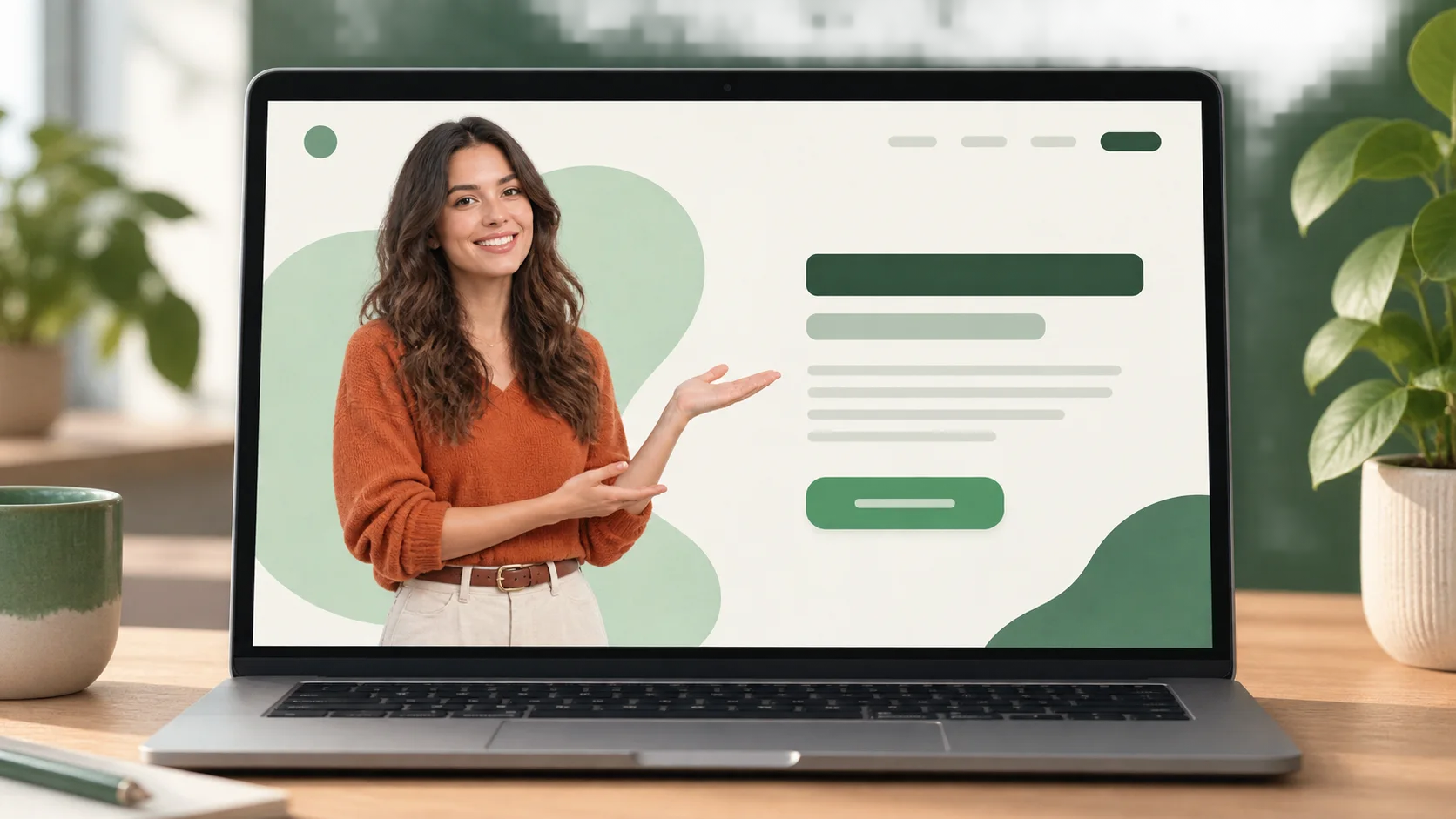 Simple generated illustration of a presenter placed inside a website layout