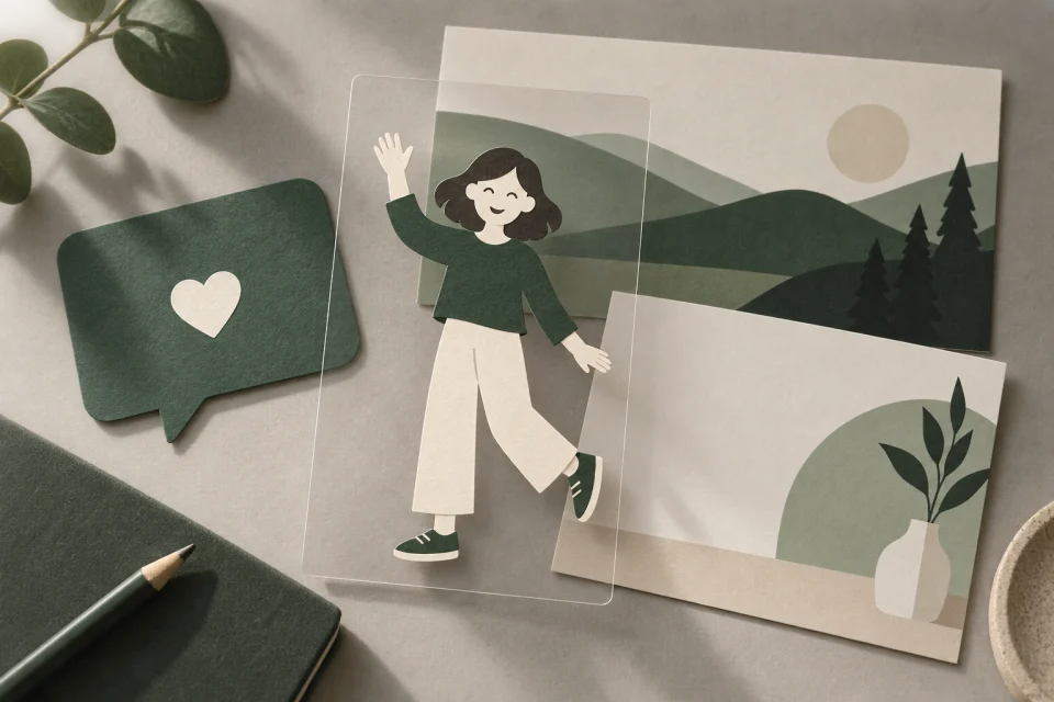 Paper illustration of a waving person on clear acetate over chat, slide and website cards